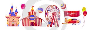 Carnival funfair with circus tent and ferris wheel