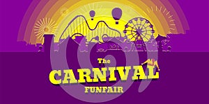 Carnival funfair horizontal banner. Amusement park with circus, carousels, roller coaster, attractions on sunset city