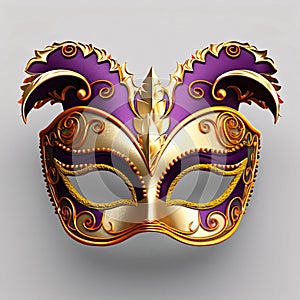 Carnival gold eye mask with rich gold embellishments on bright background. Carnival costumes, masks and decorations