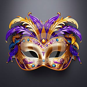 Carnival gold purple eye mask with rich gold embellishments on light background. Carnival costumes, masks and decorations