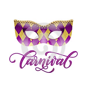 Carnival golden mask glitter harlequin pattern Mardi Gras masquerade