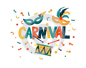 Carnival hand lettering text as banner, card, logo, icon, invitation template. Vector illustration with colorful party photo