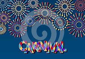 Carnival inscription with shadow. Multi-colored fireworks. Cut out of paper. Flyer, invitation. illustration