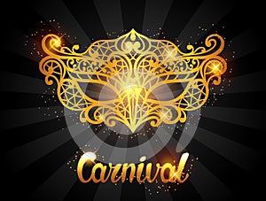 Carnival invitation card with golden lace mask. Celebration party background