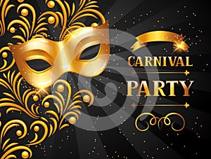 Carnival invitation card with golden mask. Celebration party background