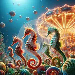 A carnival lights filter on a group of seahorses in the ocea