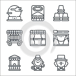 carnival line icons. linear set. quality vector line set such as clown, monkey, booth, drum, stage, cage, cup, poster