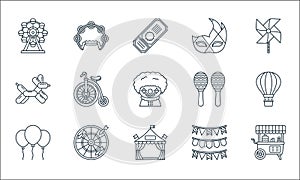 carnival line icons. linear set. quality vector line set such as kiosk, circus tent, balloons, garlands, dartboard, balloons,
