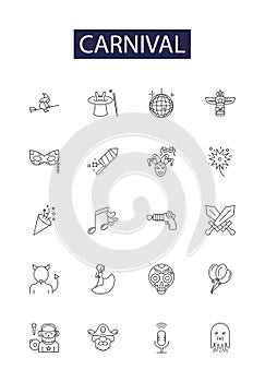 Carnival line vector icons and signs. Parade, Games, Joyful, Carnival, Thrills, Spectacle, Funfair, Extravaganza outline