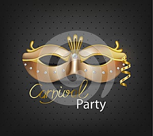 Carnival luxury golden mask Vector realistic. Stylish Masquerade Party. Mardi Gras card invitation. Night Party Poster