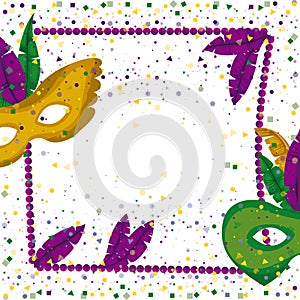 Carnival mardi gras poster with purple necklace frame with feathers and mask green and yellow over colorful confetti