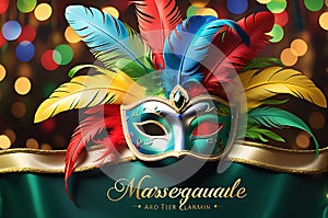 carnival mask, adorned with vibrant hues of green, blue, red, and yellow, elegantly