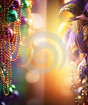 Carnival mask, colorful Mardi Gras beads and bokeh lights festive background