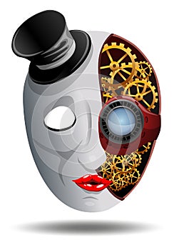 Carnival mask, face in a hat with gears, for holiday, masquerade, Halloween, vector illustration on a white background.