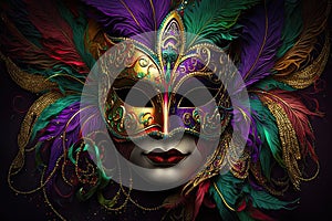 carnival mask with feathers. Colorful Mardi Gras masquerade mask with detailed ornamentation. Abstract costume