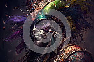 carnival mask with feathers. Colorful Mardi Gras masquerade mask with detailed ornamentation. Abstract costume