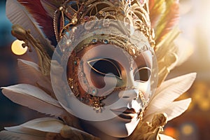 Carnival mask with feathers on sunny background. Generate ai