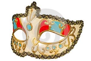 Carnival mask gold-painted curlicues decoration blue and red ins photo