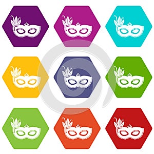 Carnival mask icons set 9 vector