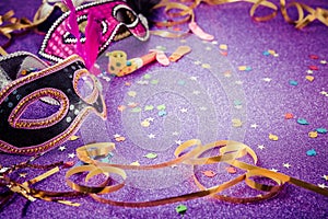 Carnival Mask, Streamers And Confetti For Festive Background