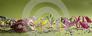 Carnival mask, streamers and confetti on green background