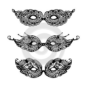 Carnival masks hand drawn set. Black and white isolated vector illustration for your design.