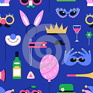 Carnival, masquerade pattern. Happy Purim, seamless background design. Jewish carnaval, repeating print with festive