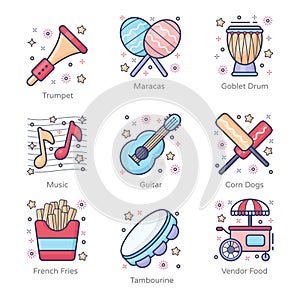 Carnival and Musical Instrument Flat Icons Pack