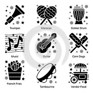 Carnival and Musical Instrument solid Icons Pack