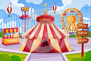 Carnival park. Circus marquee. Ferris wheel. Fair game theme. Children candy booth and amusement tent. Ride at