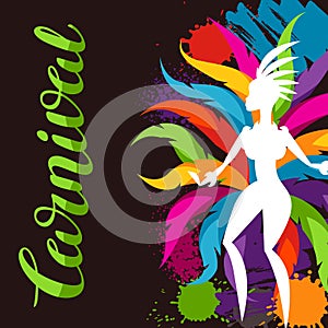 Carnival party background with samba dancer and colorful decorative feathers