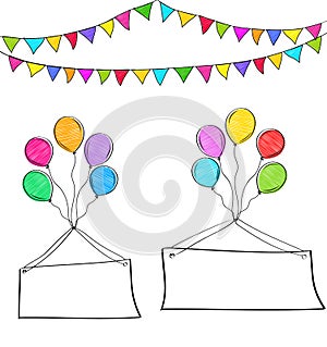 Carnival party banner with colorful flags and balloons isolated on white background.