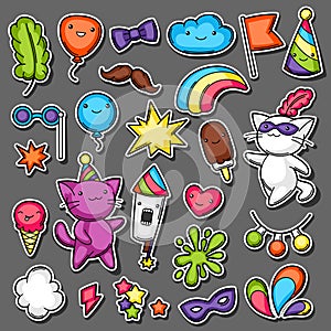 Carnival party kawaii sticker set. Cute cats, decorations for celebration, objects and symbols