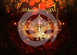 Carnival Party, Luxury Golden Carnival Mask, Masquerade, Mardi Gras. Carnival gold leaf lettering design, Night Party Poster