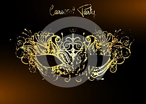 Carnival Party, Luxury Golden Carnival Mask, Masquerade, Mardi Gras. Carnival gold leaf lettering design, Night Party Poster