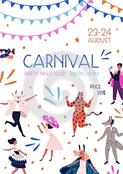 Carnival party at night club promo poster with decorative design elements vector flat illustration. Announcement of