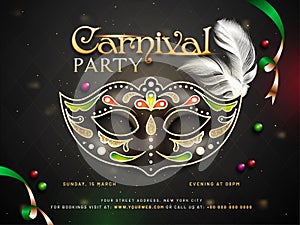 Carnival party poster or template design with decorative mask and time.