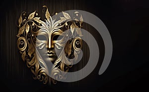 carnival party. Venetian golden mask on a dark background banner. Generative AI.. copy space