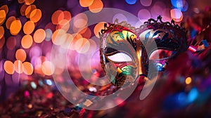 Carnival Party - Venetian Mask With Abstract Defocused Bokeh Lights And Shiny Streamers - Masquerade Disguise Concept, generative