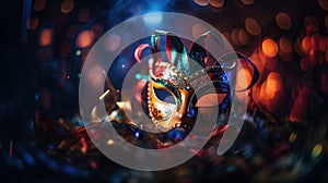 Carnival Party - Venetian Mask With Abstract Defocused Bokeh Lights And Shiny Streamers - Masquerade Disguise Concept, generative