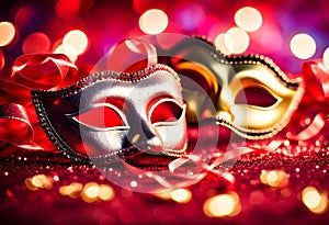 Carnival Party - Venetian Masks On Red Glitter With Shiny