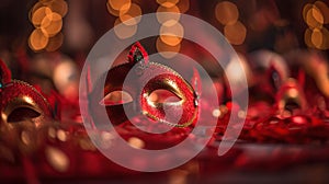 Carnival Party - Venetian Masks On Red Glitter With Shiny Streamers On Abstract Defocused Bokeh Lights, generative ai