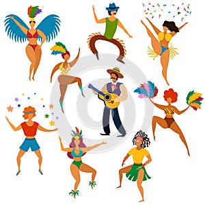 Carnival people. Happy dancing men and women in bright costume and playing latin festive music party, fun carnival