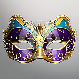 Carnival purple eye mask with rich gold embellishments on a light background. Carnival costumes, masks and decorations