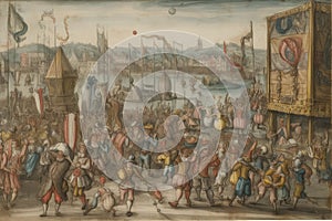 carnival scene with dancing, floats, and revelry photo