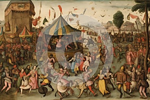 carnival scene with dancing, floats, and revelry photo