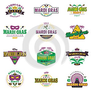 Carnival set of 12 colorful badges in retro style with masquerade masks, ferris wheel, musical instruments and more.