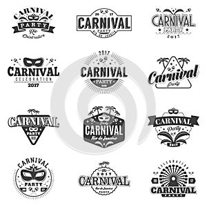 Carnival set of 12 monochrome badges in retro style with masquerade masks, ferris wheel, musical instruments