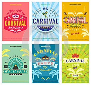 Carnival set of 6 colorful posters in retro style with masquerade masks, ferris wheel, musical instruments