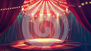 Carnival tent with round arena scene, amusement show. Red theater curtain with podium and spotlight illustration